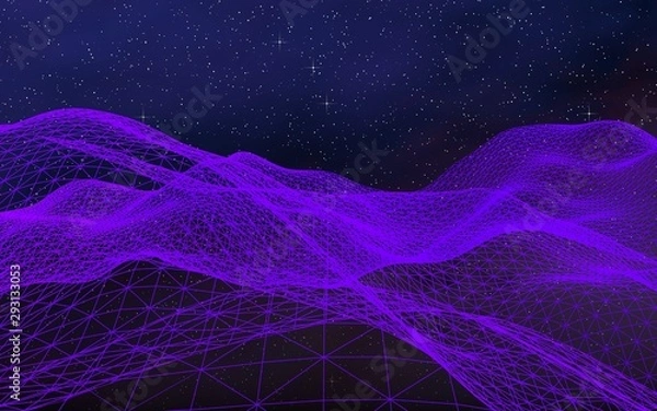 Fototapeta Abstract ultraviolet landscape on a dark background. Purple cyberspace grid. hi tech network. Outer space. Violet starry outer space texture. 3D illustration