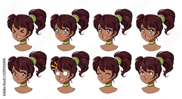 Fototapeta A set of cute anime girl with different expressions. Dark hair, big black eyes. Ponytail with donut. Hand drawn retro anime vector illustration . Can be used for avatar, stickers, badges, prints etc.