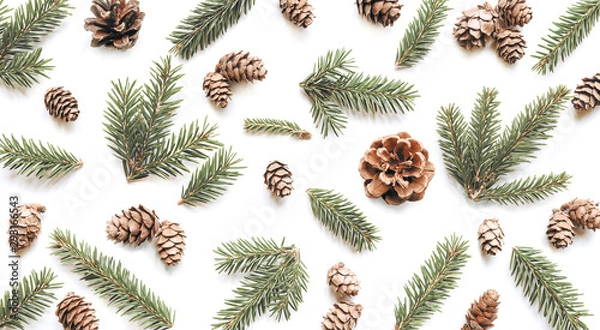 Fototapeta Fir branches and cones on white background. Christmas pattern.