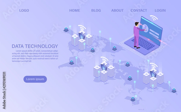 Fototapeta Online computing technology. Big data flow processing concept, 3d servers and datacenter. isometric flat design. Vector illustration.