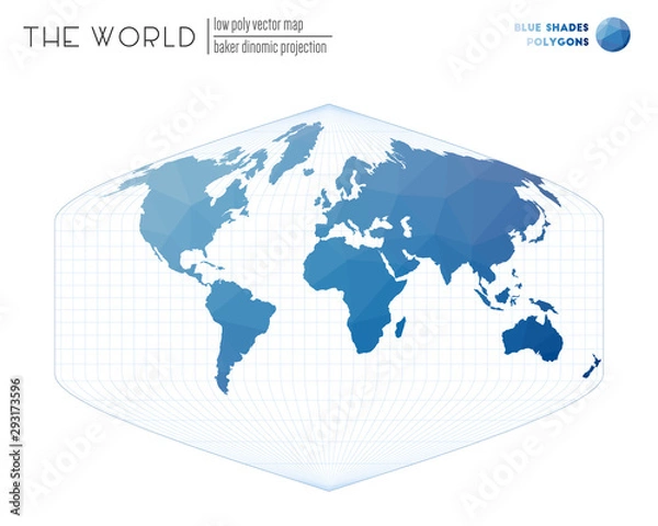 Fototapeta World map in polygonal style. Baker Dinomic projection of the world. Blue shades colored polygons. Contemporary vector illustration.