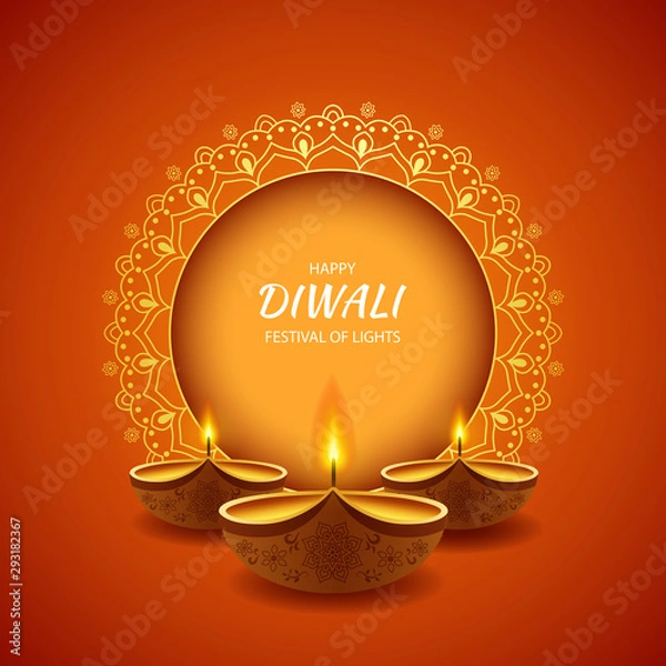 Fototapeta Happy Diwali festival of light background with diya lamp. vector illustration