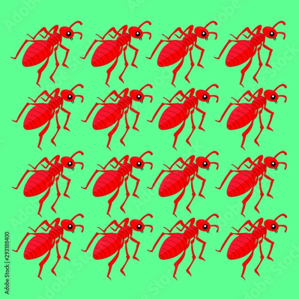 Fototapeta Red ants have black patterns on a light green background.