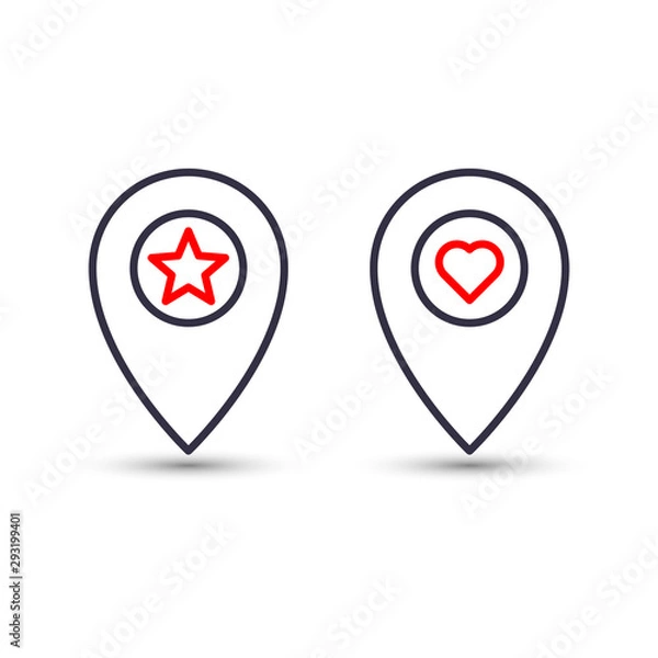 Fototapeta Outline star and heart in pinpoint icon. Favorite pin location gps map marker.