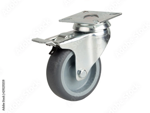 Obraz Wheel made of polyamide and gray rubber in a metal bracket isolated on a white background