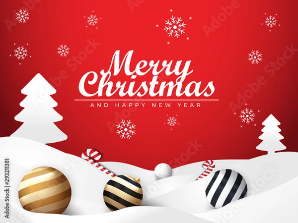 Fototapeta Christmas Snow and Red Background with Ball and Candy Ornament