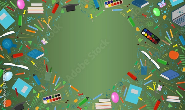 Obraz Back to School background with place for text. Collection of school supplies in a bright flat style. Educational concept.  Illustration of a green school board with education symbols. Free space