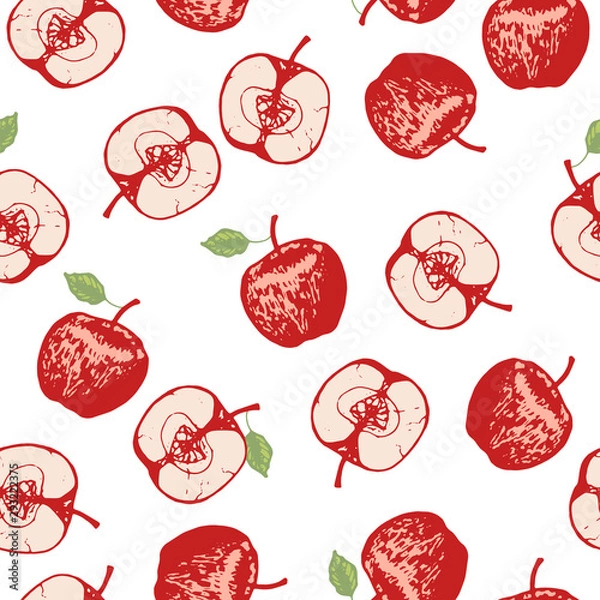 Fototapeta Vector set of seamless patterns with wonderful colorful tasty nice apples, hand-drawn in graphic, real-style at the same time. Season color red. Green leaf. The scattered, juicy whole apples, halves