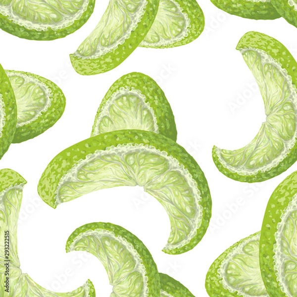 Fototapeta Vector art, seamless pattern with hand-drawn harvest juicy, delicious rich wet yellow lime pieces, with highlights, beautiful peel of a lime. Realistic, like paint. Ripe, juicy, tasty citrus