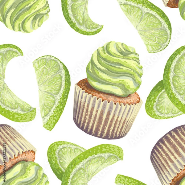 Fototapeta Vector of seamless pattern scattered limes, crumbly gentle wet biscuit cupcakes, stunning cream soft air cheese cream, green color, taste lime. Light paper cake mold got wet from the cake juiciness