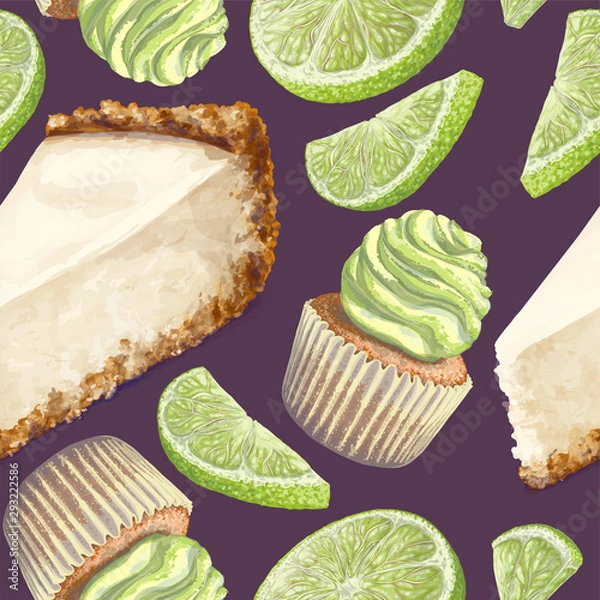 Fototapeta Vector of seamless pattern cheesecake, scattered limes pieces, crumbly gentle wet biscuit cupcakes, stunning cream soft air cheese cream, beige color, taste lime. Light paper cake wet from the cakes
