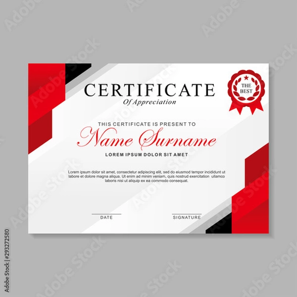 Fototapeta Modern certificate template design with red, black and white color. 