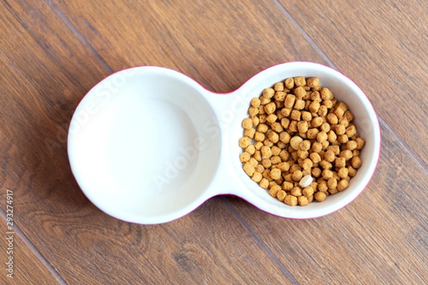 Obraz .double bowl of cat food with multivitamins without water on the wooden floor