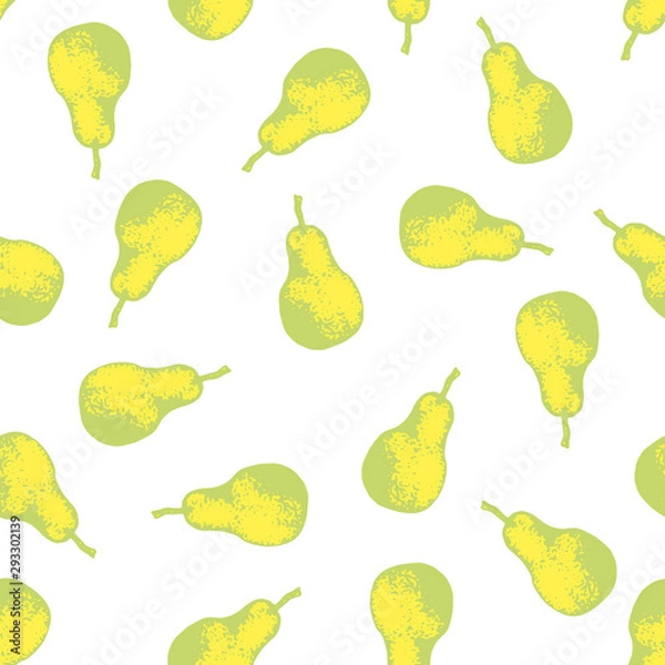 Fototapeta Vector set of seamless patterns with wonderful colorful tasty nice pears, hand-drawn in graphic, real-style at the same time. Seasonal color green. Green leaf. The scattered, juicy whole fresh pears