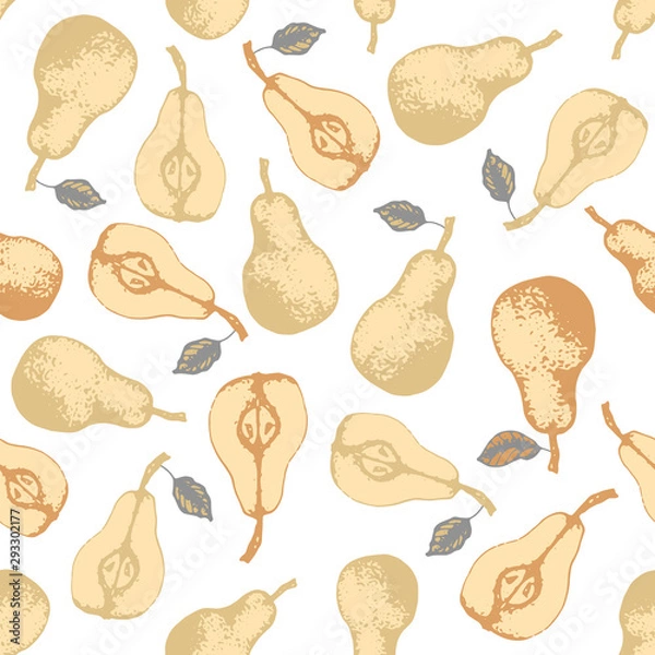 Fototapeta Vector set of seamless patterns with wonderful colorful tasty nice pears, hand-drawn in graphic, real-style at the same time. Seasonal color green. Green leaf. The scattered, juicy whole pears, halves