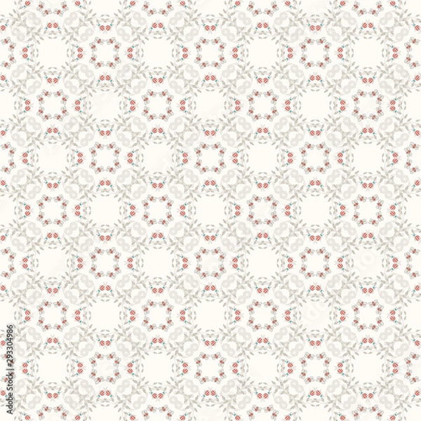 Fototapeta Seamless, delicate, summer background with bees, flowers and leaves. Geometric background with freehand drawings, vector