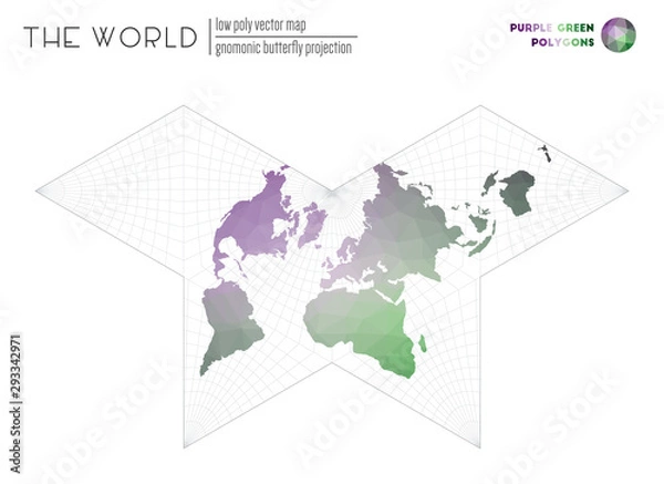 Fototapeta Polygonal map of the world. Gnomonic butterfly projection of the world. Purple and green colored polygons. Awesome vector illustration.