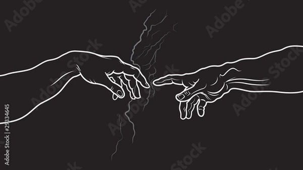 Obraz „Creatio Adami”. Stworzenie Adama (fragment). Fragment sufitu Kaplicy Sykstyńskiej z freskiem Michała Anioła malowany ok. 1511 r. Szczegółowy rysunek konturu odwrócenia wektora.