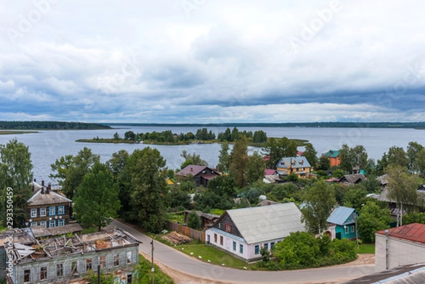 Obraz Panoramic view of historical city center and lake Seliger in Ostashkov, Tver region, Russia. Picturesque aerial view of Lake Seliger in Ostashkov.