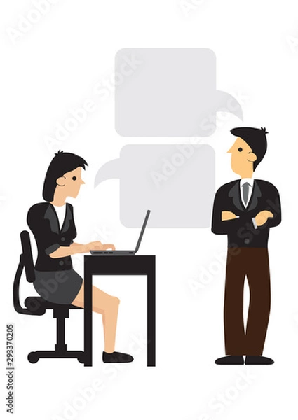 Fototapeta Business people talking with each other working in a team. Concept of corporate teamwork, startup culture, strategic planning and office workplace culture. Isolated vector illustration.