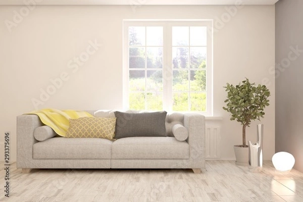 Fototapeta Stylish room in white color with sofa and summer landscape in window. Scandinavian interior design. 3D illustration