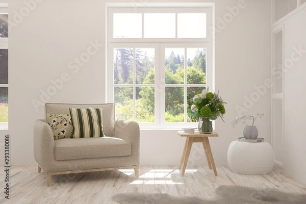 Fototapeta Mock up of stylish room in white color with armchair and green landscape in window. Scandinavian interior design. 3D illustration