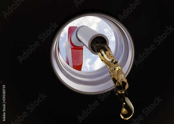 Fototapeta Nozzle pumping a gasoline fuel liquid in a tank. View from the tank. Car part inside view. 3d render illustration