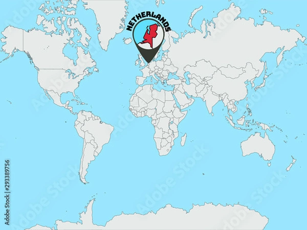 Fototapeta Netherlands Silhouette on Global world map with all continents europe, africa, asia, america, geolocation and contour. original colors and proportion. Vector illustration, countries set.