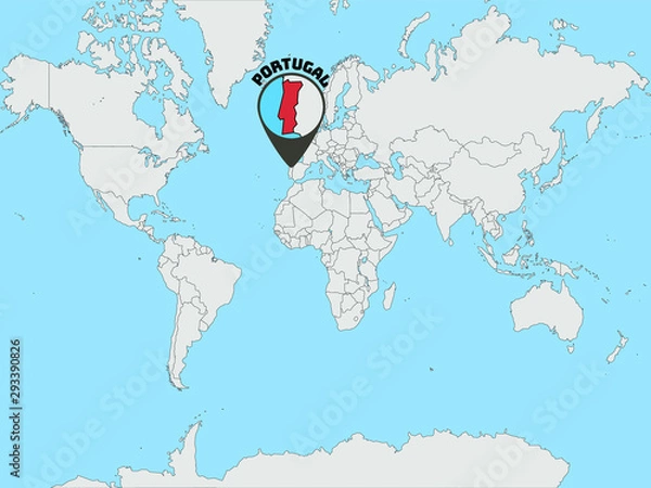 Obraz Portugal Silhouette on Global world map with all continents europe, africa, asia, america, geolocation and contour. original colors and proportion. Vector illustration, countries set.