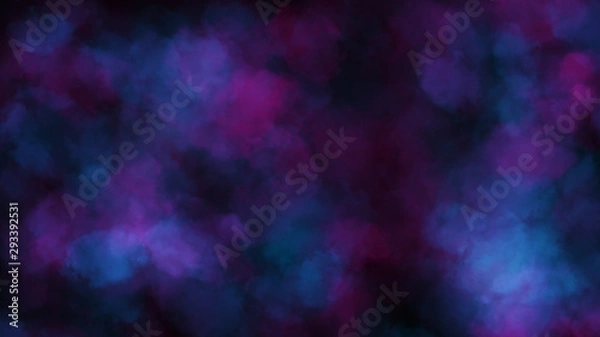 Fototapeta Colorful puffy puffs of smoke on an isolated black background. Overlay VFX Element. Modern colorful turquoise purple light spectrum. Haze background. 3d illustration