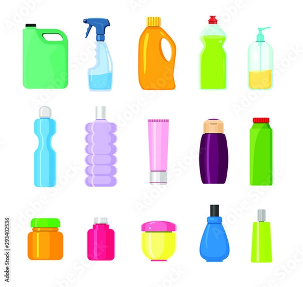 Fototapeta Detergent bottles set. Cartoon vector icons.