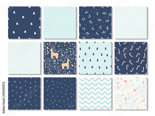 Fototapeta Merry Christmas and Happy New Year. Collection of seamless patterns. Set of seamless backgrounds with snowflakes, pine tree, deer, floral elements