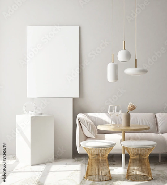 Fototapeta mock up poster frame in modern interior background, living room, Scandinavian style, 3D render, 3D illustration