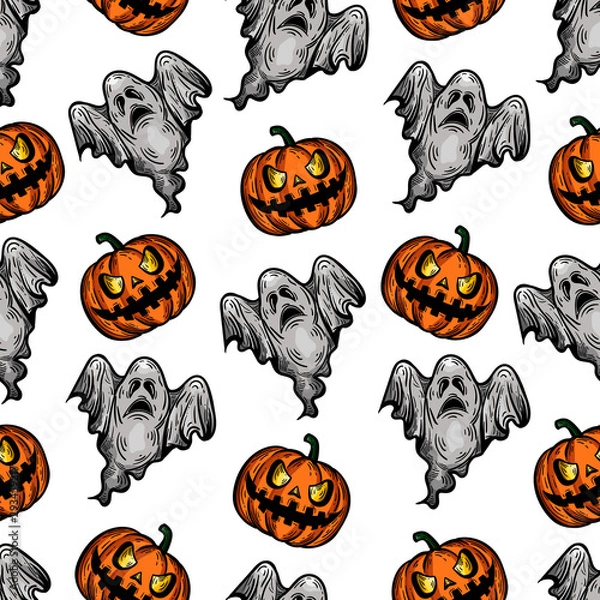 Fototapeta Vector hand drawn colorful seamless pattern of Halloween pumpkin and ghost in the engraving style on white background.