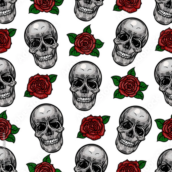 Fototapeta Vector hand drawn colorful seamless pattern of skull and roses in the engraving style on white background.