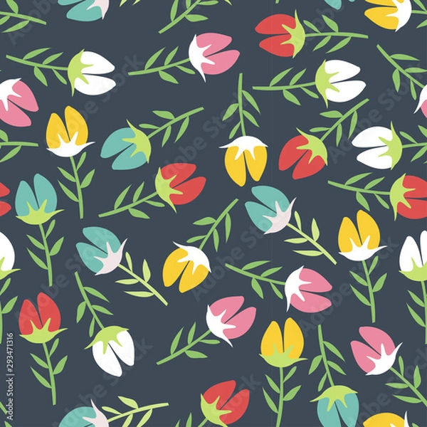 Fototapeta Vector seamless floral pattern with hand drawn colorful tulips on dark backg