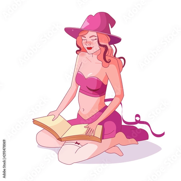 Obraz Pin-up witch. A woman holds a book in her hands. Reads Vector. Cartoon. Isolated art on white background