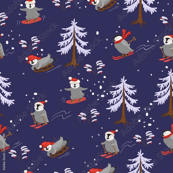 Fototapeta Skiers penguins seamless pattern. Print for wrapping paper or fabric.