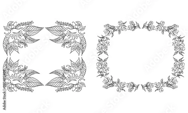 Fototapeta Tropical hand-drawn floral rectangular shaped frames. Outline set. Jungle illustration. Floral set. Vector isolated collection. Natural spring wedding card. Summer tropical leaf. Botanical frames