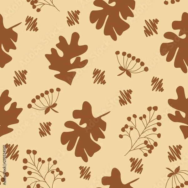 Fototapeta Fall acorn leaves and berries, stylized foliage vector seamless pattern. Colorful elements on beige background. 