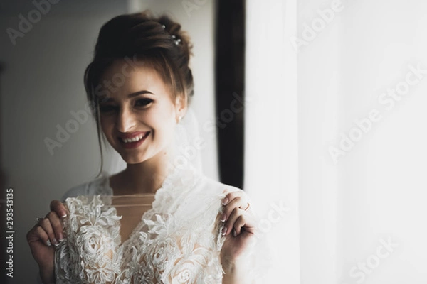 Fototapeta Gorgeous bride in robe posing and preparing for the wedding ceremony face in a room