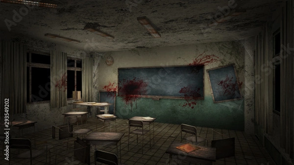 Fototapeta horror and creepy classroom in the school with blood. 3D rendering