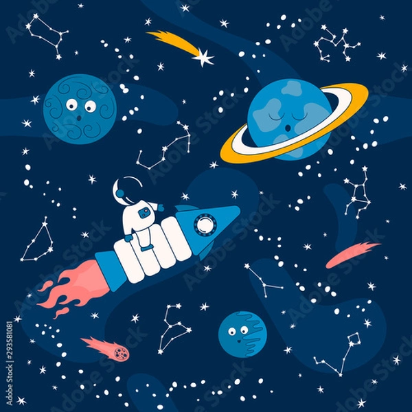 Fototapeta Cartoon pattern with astronaut on a spaceship in the outer space with saturn and other planets. Futuristic background with cosmonauts, comets and stars. Galaxy wallpaper for kids.