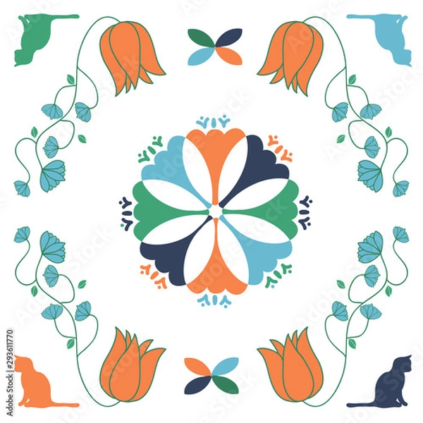 Fototapeta Cat Folk Art Quilt Square Vector Seamless repeat pattern. Repeating quilt square art featuring cats and flowers.