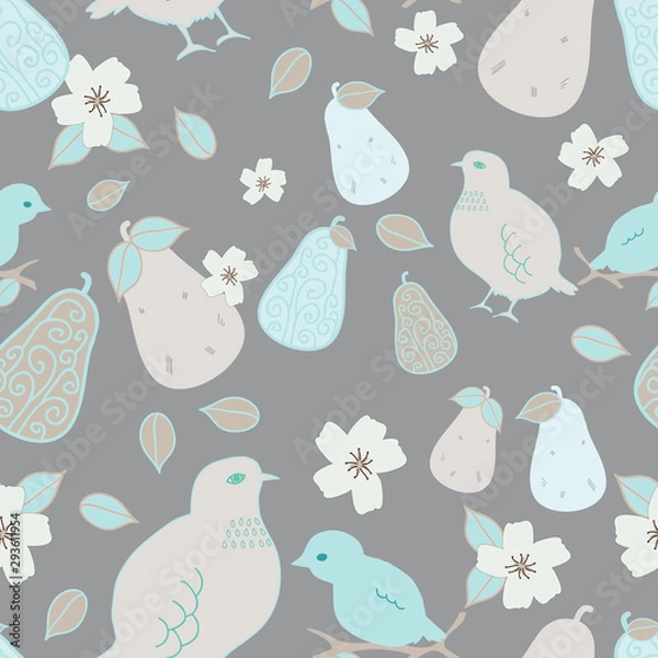 Fototapeta Partridge Birds and pear blossom seamless vector repeat pattern. Mother and baby Partridges with pears and blossoms.