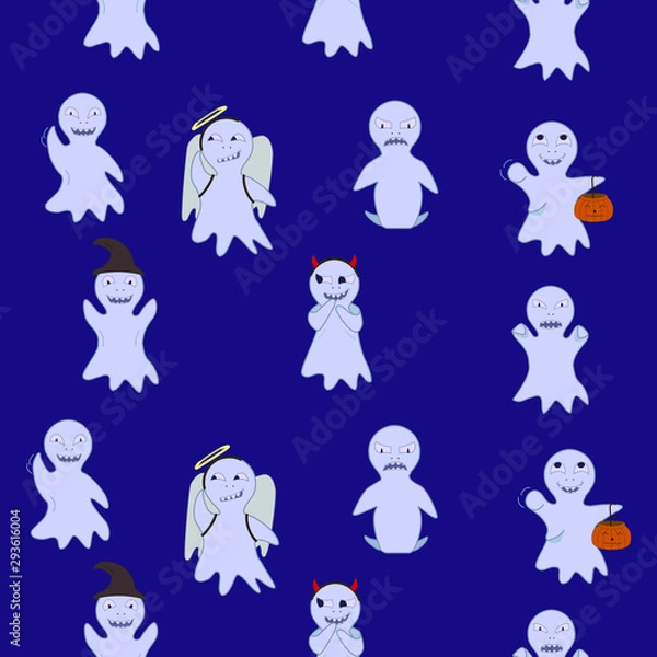 Fototapeta Seamless halloween vector pattern with cute ghosts