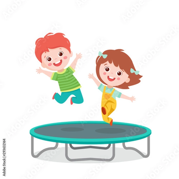 Fototapeta Cartoon Children Jumping On Trampoline On White Background Vector Illustration. Happy Girl And Boy Jumping Together On Trampoline. Happy Cartoon Child Playing Vector.