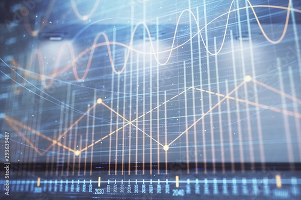 Fototapeta Double exposure of financial graph on empty room interior background. Forex market concept.