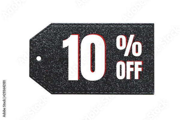 Obraz The inscription "10% off" (ten percent) in white and red letters on a black shiny label...