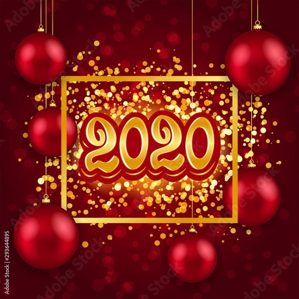 Fototapeta New Year 2020. Bright red banner with gold frame, christmas balls and golden confetti. Design concept for flyer, poster, greeting card. Vector illustration.